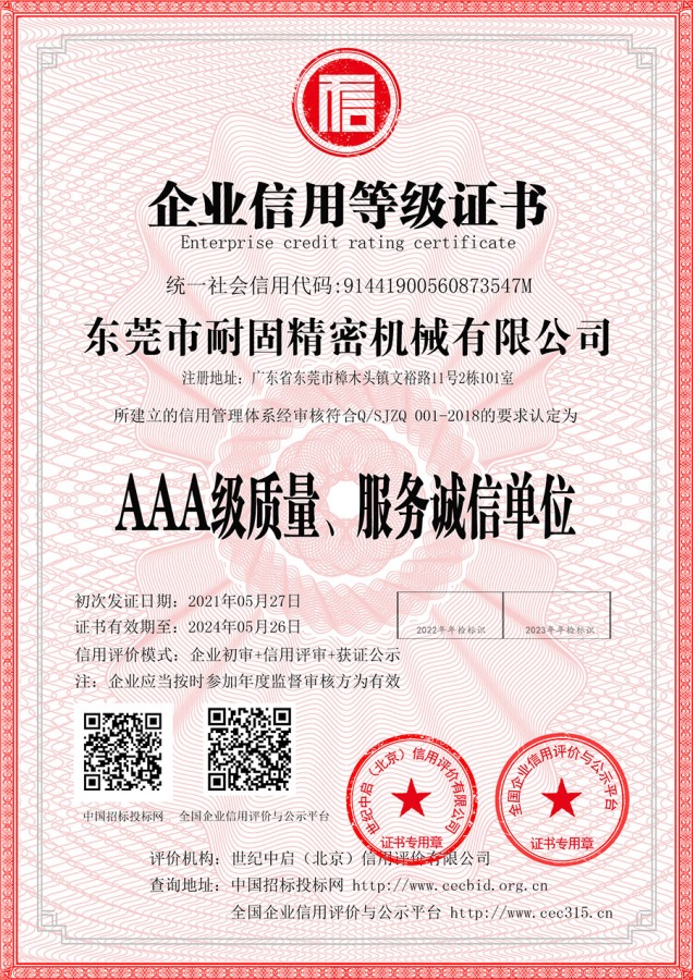 Enterprise credit rating certificate