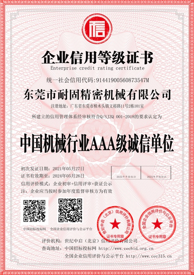 Enterprise credit rating certificate